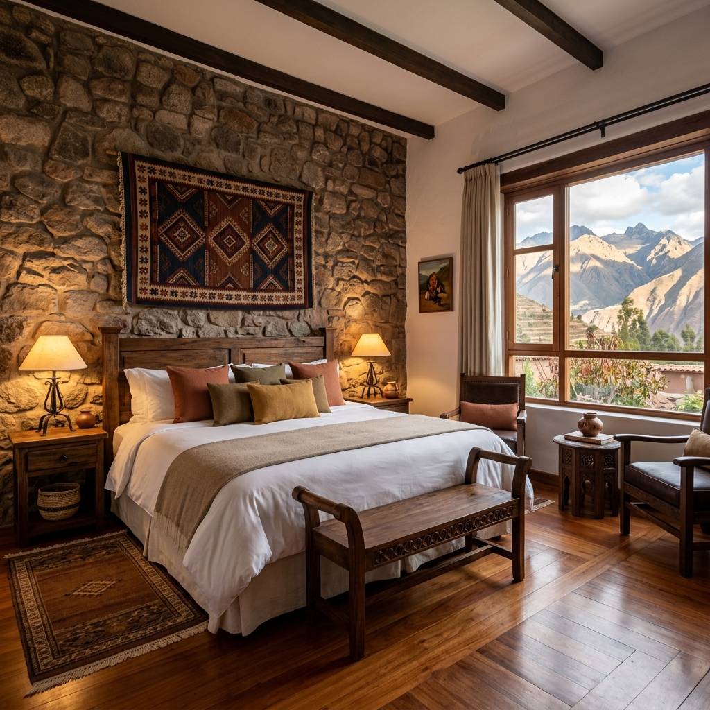 Suite Premium del Hotel RUQRUQA â€” Cama king con vista panorÃ¡mica a las montaÃ±as